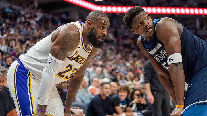 Apr 27, 2025; Minneapolis, Minnesota, USA; Minnesota Timberwolves guard Anthony Edwards (5) guards Los Angeles Lakers forward LeBron James (23) in the second quarter during game four of first round for the 2025 NBA Playoffs at Target Center. Mandatory Credit: Matt Blewett-Imagn Images