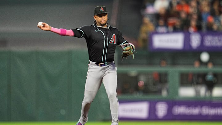 May 12, 2025; San Francisco, California, USA; Arizona Diamondbacks second baseman Ketel Marte (4) throws out San Francisco Giants right fielder Mike Yastrzemski (not pictured) during the sixth inning at Oracle Park. Mandatory Credit: Neville E. Guard-Imagn Images