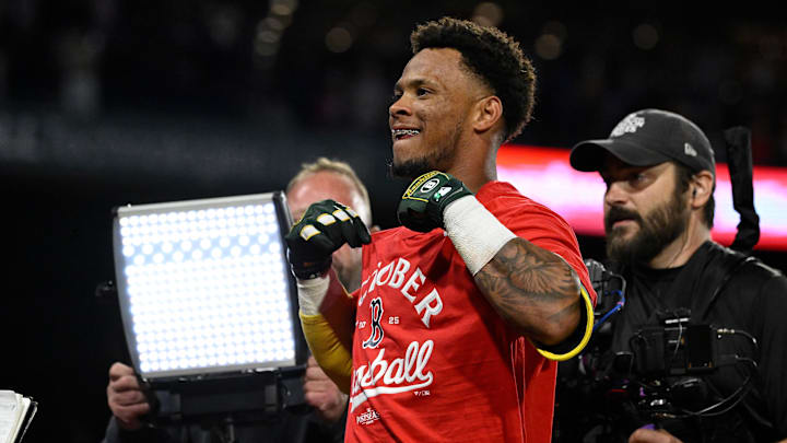 Sep 26, 2025; Boston, Massachusetts, USA; Boston Red Sox center fielder Ceddanne Rafaela (3) celebrates defeating the Detroit Tigers at Fenway Park to clinch a playoff spot. Mandatory Credit: Eric Canha-Imagn Images Sep 26, 2025; Boston, Massachusetts, USA; Boston Red Sox center fielder Ceddanne Rafaela (3) celebrates defeating the Detroit Tigers at Fenway Park to clinch a playoff spot. Mandatory Credit: Eric Canha-Imagn Images