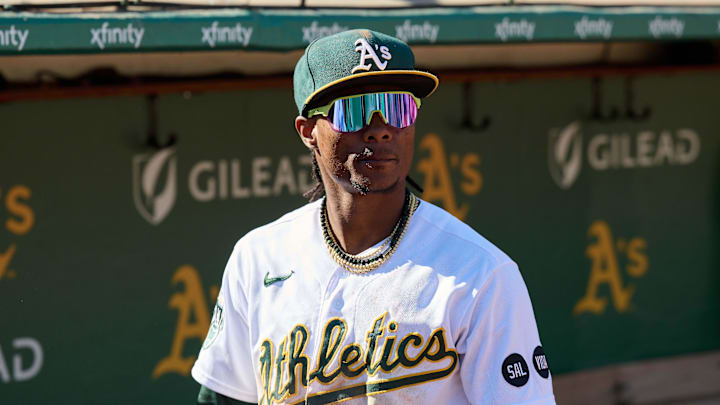 Sep 24, 2023; Oakland, California, USA; Oakland Athletics outfielder Esteury Ruiz (1) stands in the dugout after the game against the Detroit Tigers at Oakland-Alameda County Coliseum. Mandatory Credit: Robert Edwards-Imagn Images