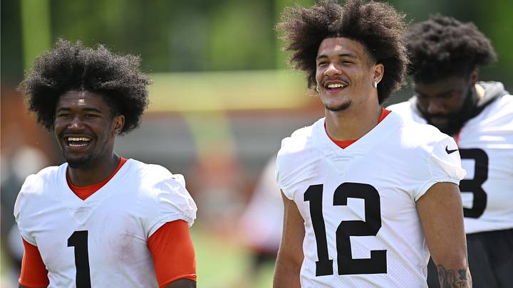 Jun 11, 2026; Berea, OH, USA; Cleveland Browns wide receiver KC Concepcion (1) and wide receiver Denzel Boston (12) exit the field during minicamp at CrossCountry Mortgage Campus. Mandatory Credit: Ken Blaze-Imagn Images Jun 11, 2026; Berea, OH, USA; Cleveland Browns wide receiver KC Concepcion (1) and wide receiver Denzel Boston (12) exit the field during minicamp at CrossCountry Mortgage Campus. Mandatory Credit: Ken Blaze-Imagn Images