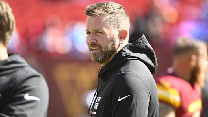 Oct 9, 2022; Landover, Maryland, USA; Washington Commanders offensive coordinator Scott Turner on the field before the game against the Tennessee Titans at FedExField. Mandatory Credit: Brad Mills-Imagn Images