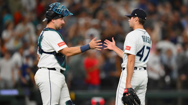 Sep 13, 2025; Seattle, Washington, USA; Seattle Mariners catcher Cal Raleigh (29) and relief pitcher Matt Brash (47) celebrate defeating the Los Angeles Angels at T-Mobile Park. Mandatory Credit: Steven Bisig-Imagn Images Sep 13, 2025; Seattle, Washington, USA; Seattle Mariners catcher Cal Raleigh (29) and relief pitcher Matt Brash (47) celebrate defeating the Los Angeles Angels at T-Mobile Park. Mandatory Credit: Steven Bisig-Imagn Images