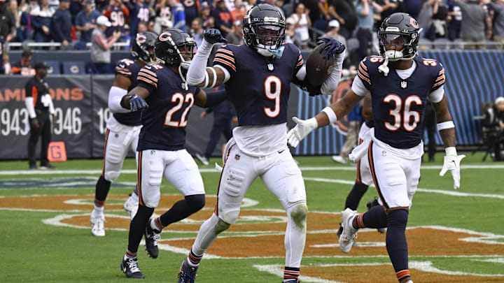 Jaquan Brisker (9) celebrates with teammates after a key stop earlier this seson. Brisker has gone on IR with a concussion.