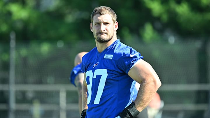 Jul 23, 2025; Rochester, NY, USA; Buffalo Bills defensive end Joey Bosa (97) warms up during training camp at St. John Fisher University. Mandatory Credit: Mark Konezny-Imagn Images