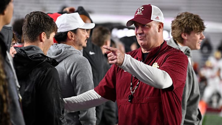Sep 21, 2024; Chestnut Hill, Massachusetts, USA; Boston College Eagles head coach Bill O'Brien greets fans before a game against the Michigan State Spartans at Alumni Stadium. Mandatory Credit: Eric Canha-Imagn Images