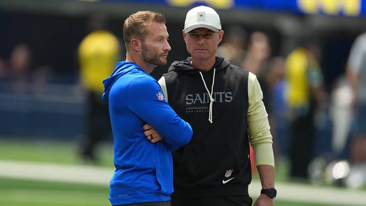 Aug 22, 2026; Inglewood, California, USA; Los Angeles Rams head coach Sean McVay (left) and New Orleans Saints defensive coordinator Brandon Staley during the game at SoFi Stadium. Mandatory Credit: Kirby Lee-Imagn Images Aug 22, 2026; Inglewood, California, USA; Los Angeles Rams head coach Sean McVay (left) and New Orleans Saints defensive coordinator Brandon Staley during the game at SoFi Stadium. Mandatory Credit: Kirby Lee-Imagn Images