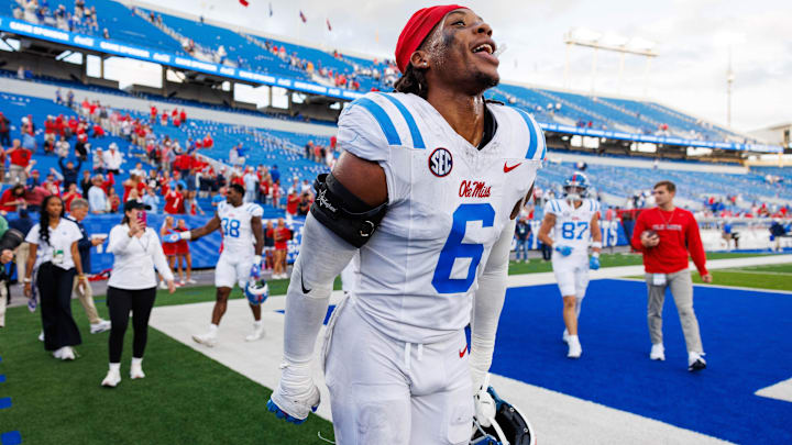 Sep 6, 2025; Lexington, Kentucky, USA; Mississippi Rebels linebacker TJ Dottery (6) runs off the field after the game against the Kentucky Wildcats at Kroger Field. Mandatory Credit: Jordan Prather-Imagn Images