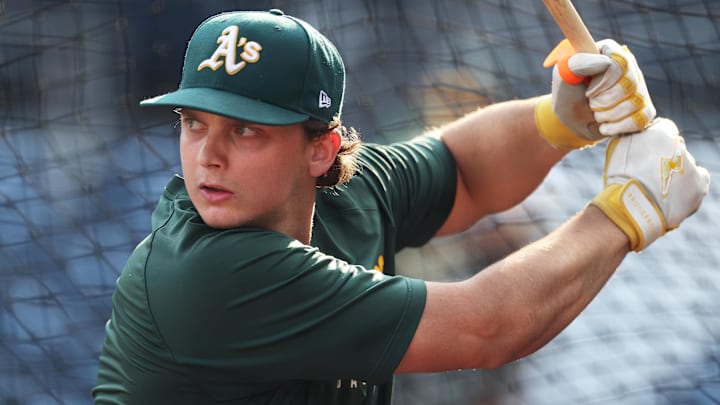 Sep 19, 2025; Pittsburgh, Pennsylvania, USA;  Athletics first baseman Nick Kurtz (16) in the batting cage before the game against the Pittsburgh Pirates at PNC Park. Mandatory Credit: Charles LeClaire-Imagn Images