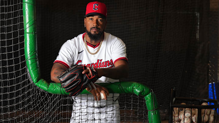 Feb 20, 2025; Goodyear, AZ, USA; Cleveland Guardians pitcher Emmanuel Clase (48) poses for a photo during MLB Media Day at Cleveland Guardians Spring Training Facility. Mandatory Credit: Joe Camporeale-Imagn Images