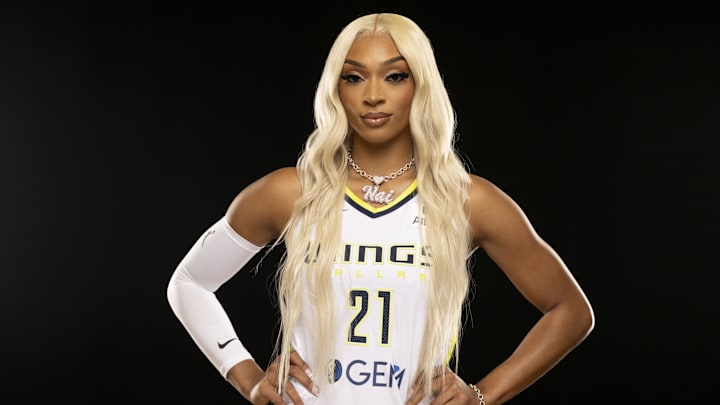May 7, 2025; Arlington, TX, USA; Dallas Wings guard DiJonai Carrington poses for a photo during the 2025 Dallas Wings Media Day. Mandatory Credit: Jerome Miron-Imagn Images