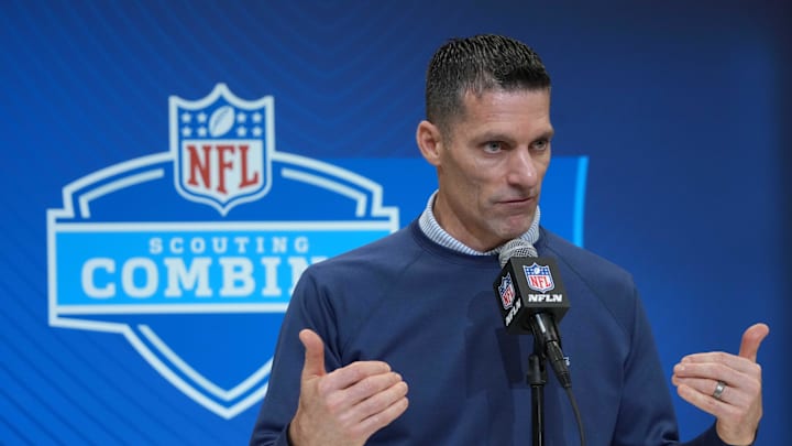 Feb 27, 2025; Indianapolis, IN, USA; Houston Texans general manager Nick Caserio speaks during the 2025 NFL Scouting Combine at the Indiana Convention Center. Mandatory Credit: Kirby Lee-Imagn Images