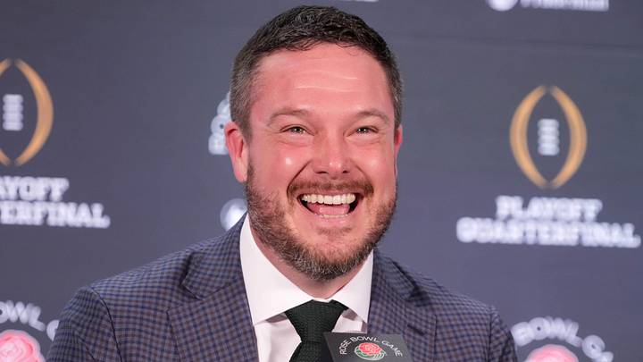 Dec 31, 2024; Los Angeles, California, USA; Oregon Ducks head coach Dan Lanning during the Rose Bowl head coaches press conference at Sheraton Grand LA. Mandatory Credit: Kirby Lee-Imagn Images Dec 31, 2024; Los Angeles, California, USA; Oregon Ducks head coach Dan Lanning during the Rose Bowl head coaches press conference at Sheraton Grand LA. Mandatory Credit: Kirby Lee-Imagn Images