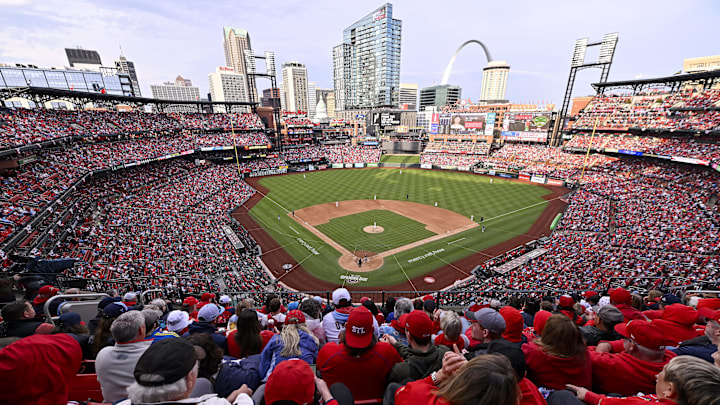 Mar 27, 2025; St. Louis, Missouri, USA; A general view of Busch Stadium during the fifth inning of opening day between the St. Louis Cardinals and the Minnesota Twins. Mandatory Credit: Jeff Curry-Imagn Images Mar 27, 2025; St. Louis, Missouri, USA; A general view of Busch Stadium during the fifth inning of opening day between the St. Louis Cardinals and the Minnesota Twins. Mandatory Credit: Jeff Curry-Imagn Images