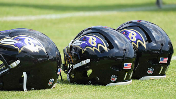 Jul 23, 2025; Owings Mills, MD, USA; Baltimore Ravens helmets await use during training camp at the Under Armour Performance Center. Mandatory Credit: Mitch Stringer-Imagn Images