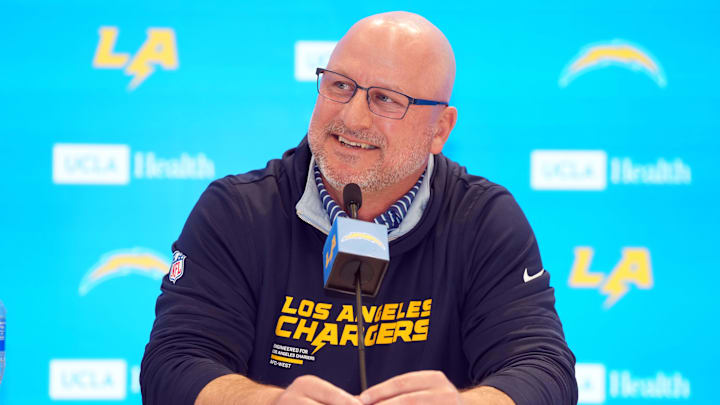 Jan 15, 2026; El Segundo, CA, USA; Los Angeles Chargers general manager Joe Hortiz at press conference at The Bolt. Mandatory Credit: Kirby Lee-Imagn Images