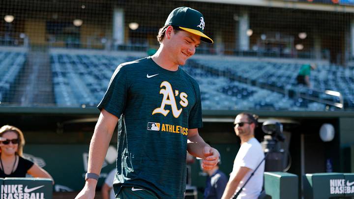 Jul 28, 2025; West Sacramento, California, USA; Athletics 2025 first-round draft pick Jamie Arnold walks onto the field before the game against the Seattle Mariners at Sutter Health Park. Mandatory Credit: Sergio Estrada-Imagn Images