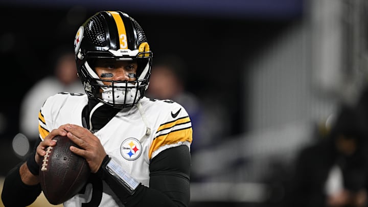 Jan 11, 2025; Baltimore, Maryland, USA; Pittsburgh Steelers quarterback Russell Wilson (3) warms up before an AFC wild card game against the Baltimore Ravens at M&T Bank Stadium. Mandatory Credit: Tommy Gilligan-Imagn Images