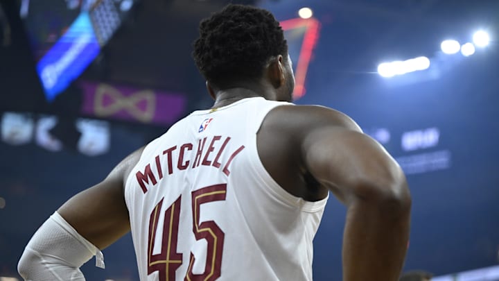 Oct 14, 2025; Cleveland, Ohio, USA; Cleveland Cavaliers guard Donovan Mitchell (45) stands on the court in the first quarter against the Detroit Pistons at Rocket Arena. Mandatory Credit: David Richard-Imagn Images