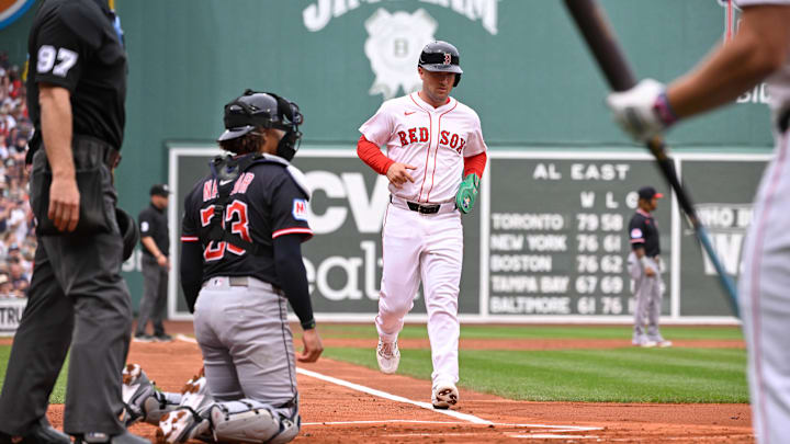 Sep 1, 2025; Boston, Massachusetts, USA; Boston Red Sox third baseman Alex Bregman (2) scores on an RBI by second baseman Romy Gonzalez (23) (not pictured)  during the first inning against the Cleveland Guardians at Fenway Park. Mandatory Credit: Eric Canha-Imagn Images