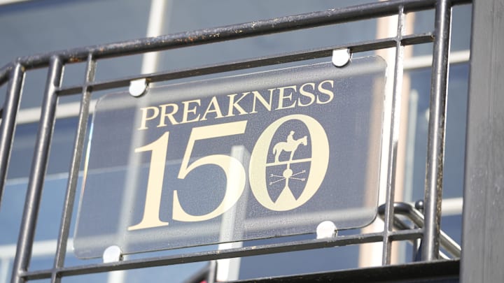 May 12, 2025; Baltimore, MD, USA; A general view of the signage representing the 150 running of the Preakness Stakes at Pimlico Race Course. 