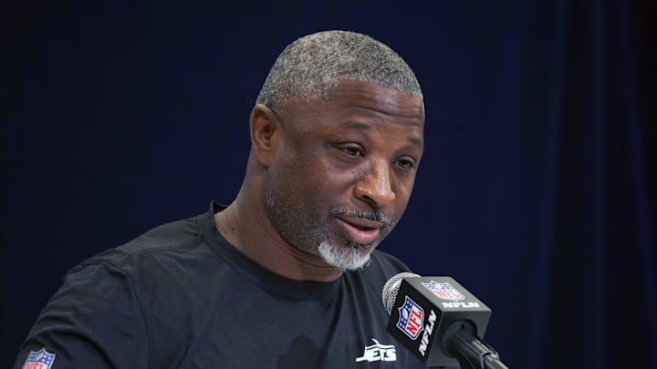 Feb 25, 2025; Indianapolis, IN, USA; New York Jets coach Aaron Glenn speaks during the NFL Scouting Combine at the Indiana Convention Center. Mandatory Credit: Kirby Lee-Imagn Images