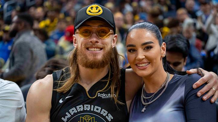 San Francisco 49ers tight end George Kittle and wife Claire Kittle at a game between Golden State Warriors and Philadelphia 76ers during the second quarter at Chase Center. San Francisco 49ers tight end George Kittle and wife Claire Kittle at a game between Golden State Warriors and Philadelphia 76ers during the second quarter at Chase Center.