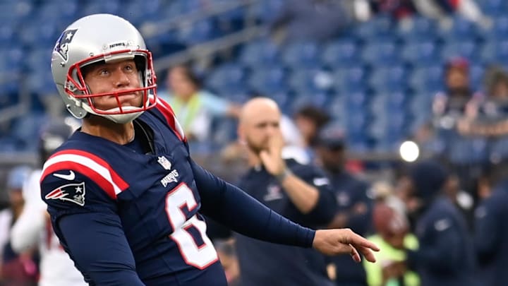 Aug 10, 2023; Foxborough, Massachusetts, USA; New England Patriots place kicker Nick Folk (6) warms