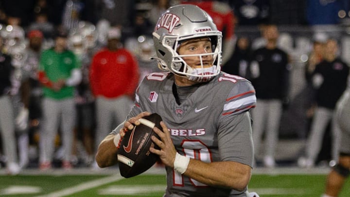 UNLV quarterback Anthony Colandrea (10) looks to throw against Nevada in the second half of an NCAA college football game in Reno, Nev.
