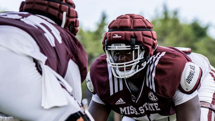 A Mississippi State offensive line during a preseason practice drill earlier this week.