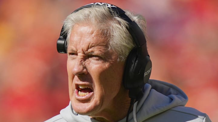 Oct 19, 2025; Kansas City, Missouri, USA; Las Vegas Raiders head coach Pete Carroll reacts during the second half against the Kansas City Chiefs at GEHA Field at Arrowhead Stadium. Mandatory Credit: Jay Biggerstaff-Imagn Images