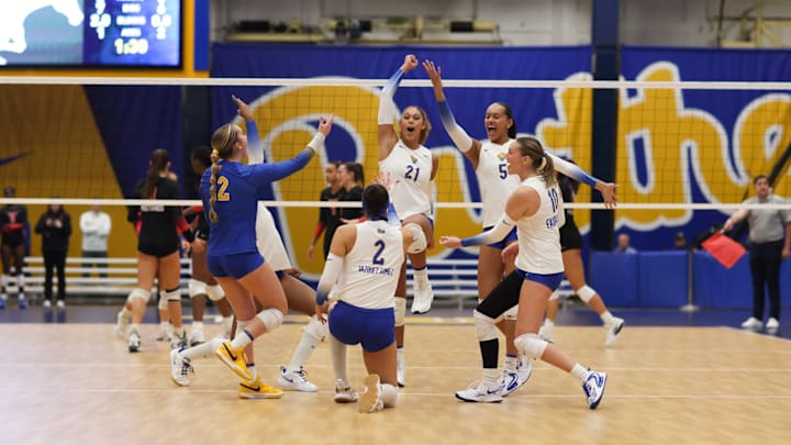  No. 1 Pitt Volleyball celebrates a service ace from outside hitter Valeria Vazquez Gomez in the sweep of No. 15 SMU