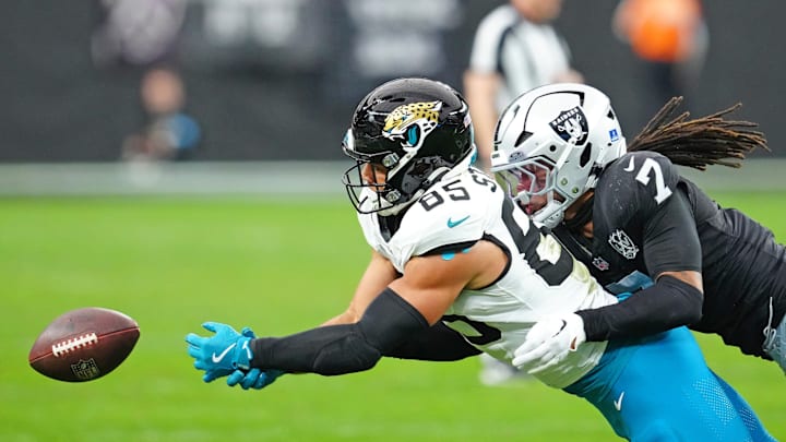 Dec 22, 2024; Paradise, Nevada, USA; Las Vegas Raiders safety Tre'von Moehrig (7) breaks up a pass intended for Jacksonville Jaguars tight end Brenton Strange (85) during the first quarter at Allegiant Stadium. 