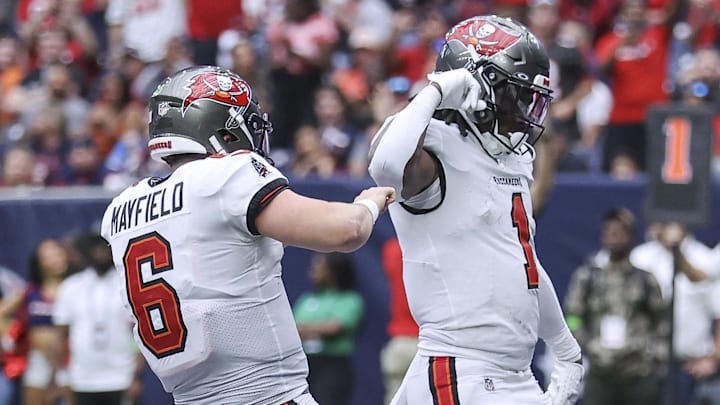 Nov 5, 2023; Houston, Texas, USA; Tampa Bay Buccaneers running back Rachaad White (1) and