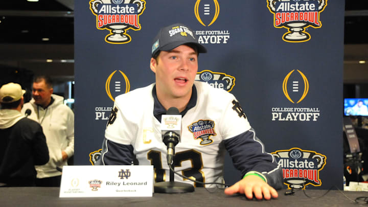 Notre Dame Fighting Irish quarterback Riley Leonard during an Allstate Sugar Bowl Media availability session.