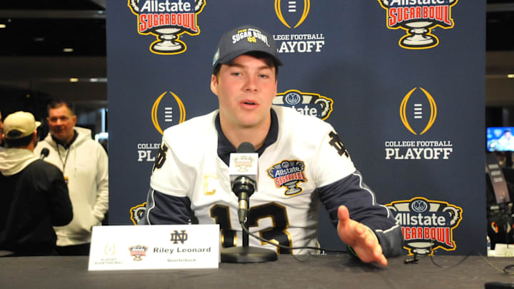 Notre Dame Fighting Irish quarterback Riley Leonard during an Allstate Sugar Bowl Media availability session.