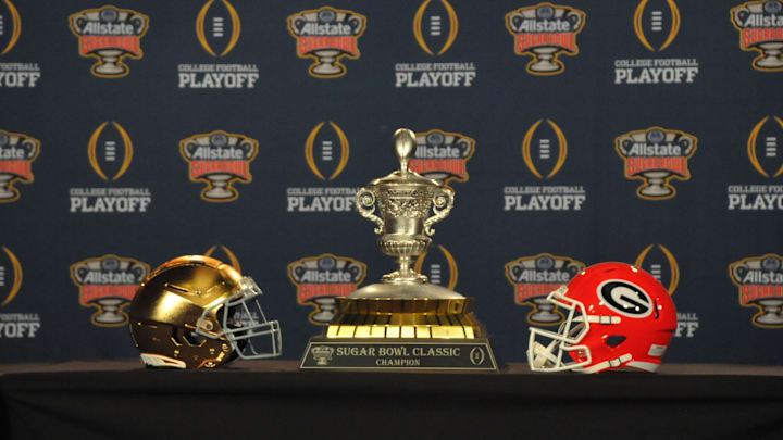 Georgia and Notre Dame helmets displayed ahead of Sugar Bowl Matchup