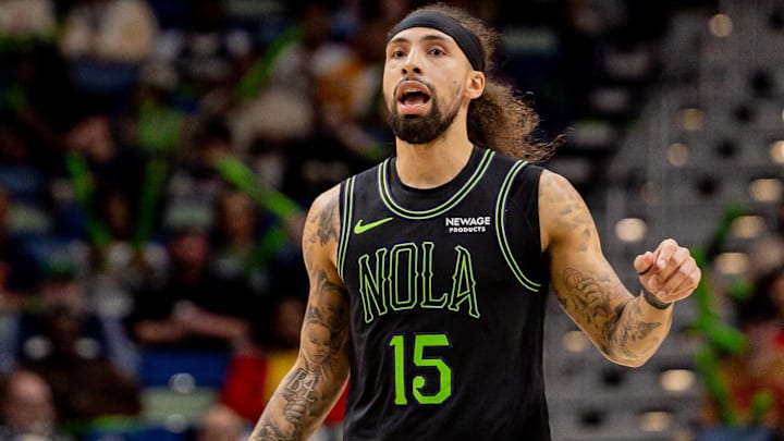 Dec 11, 2025; New Orleans, Louisiana, USA;  New Orleans Pelicans guard Jose Alvarado (15) brings the ball up court against the Portland Trail Blazers during the second half at Smoothie King Center.