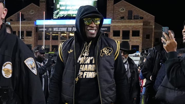Oct 13, 2023; Boulder, Colorado, USA; Colorado Buffaloes head coach Deion Sanders looks on before the game against the Stanford Cardinal at Folsom Field. Mandatory Credit: Ron Chenoy-USA TODAY Sports Oct 13, 2023; Boulder, Colorado, USA; Colorado Buffaloes head coach Deion Sanders looks on before the game against the Stanford Cardinal at Folsom Field. Mandatory Credit: Ron Chenoy-USA TODAY Sports