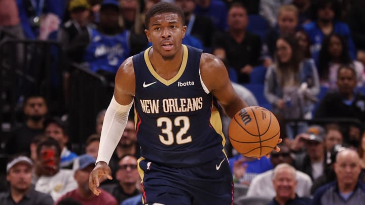 Oct 17, 2023; Orlando, Florida, USA; New Orleans Pelicans forward E.J. Liddell (32) dribbles against the Orlando Magic during the second half at Amway Center Oct 17, 2023; Orlando, Florida, USA; New Orleans Pelicans forward E.J. Liddell (32) dribbles against the Orlando Magic during the second half at Amway Center