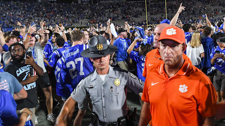 Sep 4, 2023; Durham, North Carolina, USA; Clemson Tigers head coach Dabo Swinney walks off the field after losing to the Duke Blue Devils at Wallace Wade Stadium in Durham, N.C. Mandatory Credit: Ken Ruinard-Imagn Images Sep 4, 2023; Durham, North Carolina, USA; Clemson Tigers head coach Dabo Swinney walks off the field after losing to the Duke Blue Devils at Wallace Wade Stadium in Durham, N.C. Mandatory Credit: Ken Ruinard-Imagn Images