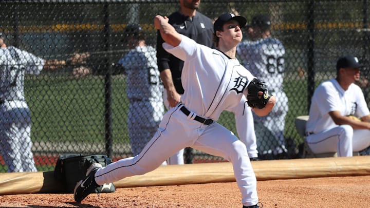 Detroit Tigers right handed pitching prospect Jackson Jobe throws during minor-league minicamp Sunday, Feb. 20, 2022, at TigerTown in Lakeland, Florida.