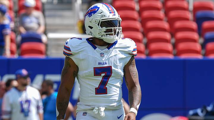 Aug 15, 2026; Orchard Park, New York, USA; Buffalo Bills running back Ray Davis (7) prior to the game between the Carolina Panthers and Buffalo Bills at New Highmark Stadium.