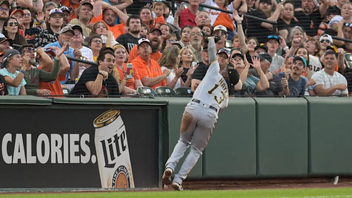 May 12, 2023; Baltimore, Maryland, USA;  Spectators reacts as Pittsburgh Pirates third baseman