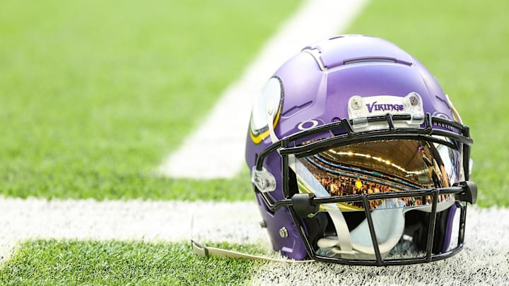 Oct 20, 2024; Minneapolis, Minnesota, USA; A detailed view of Minnesota Vikings wide receiver Justin Jefferson's (18) helmet before the game against the Detroit Lions at U.S. Bank Stadium. Oct 20, 2024; Minneapolis, Minnesota, USA; A detailed view of Minnesota Vikings wide receiver Justin Jefferson's (18) helmet before the game against the Detroit Lions at U.S. Bank Stadium.