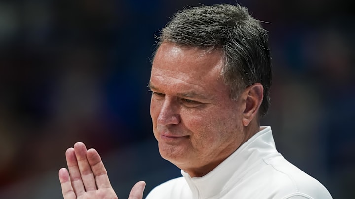 Nov 30, 2024; Lawrence, Kansas, USA; Kansas Jayhawks head coach Bill Self reacts during the second half against the Furman Paladins at Allen Fieldhouse. Mandatory Credit: Jay Biggerstaff-Imagn Images
