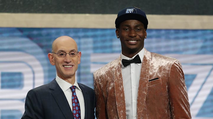 Jun 21, 2018; Brooklyn, NY, USA; Jaren Jackson, Jr. (Michigan State) greets NBA commissioner Adam Silver after being selected as the number four overall pick to the Memphis Grizzlies in the first round of the 2018 NBA Draft at the Barclays Center. Mandatory Credit: Brad Penner-Imagn Images
