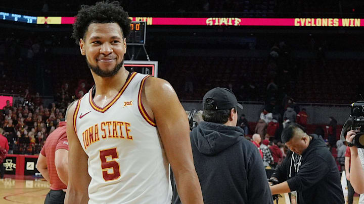 Iowa State Cyclones forward Joshua Jefferson (5) celebrates after win 87-57 over UCF in the Big-12 conference men’s basketball on Jan. 20, 2026, at Hilton Coliseum in Ames, Iowa.