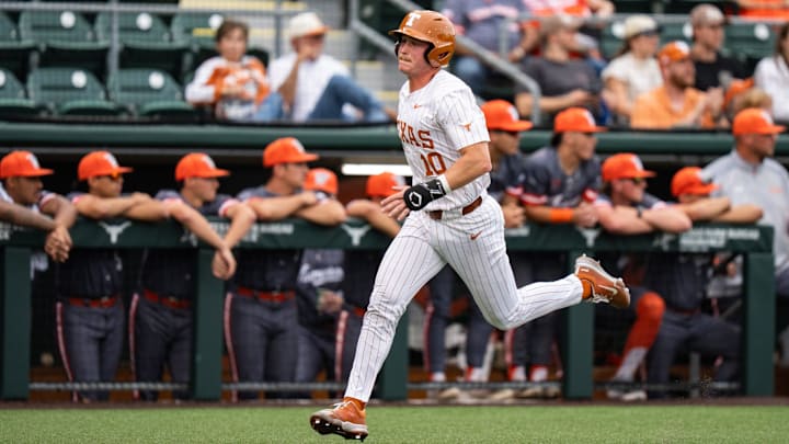 Texas catcher Kimble Schuessler (10) runs home during the Longhorns' game against The University of Texas Rio Grande Valley, April 15, 2025 at UFCU Disch-Falk Field in Austin.