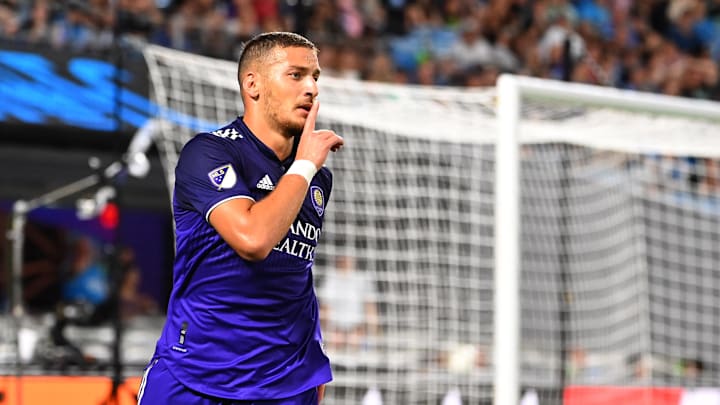 Aug 21, 2022; Charlotte, North Carolina, USA;  Orlando City forward Ercan Kara (9) reacts after